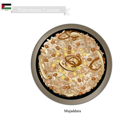Palestinian Cuisine, Mujaddara or Traditional Rice and Lentils Topped with Crispy Onions. One of The Most Popular Dish in Palestine.のイラスト素材