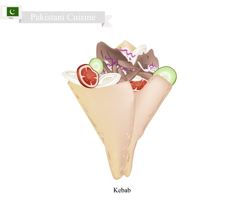 Pakistani Cuisine, Illustration of Kebab or Flat Bread Filled with Roasted Meat and Vegetables. One of The Most Popular Dish in Pakistan.のイラスト素材