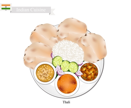 Indian Cuisine, Thali or Traditional Steamed Rice and Flatbread Served with Indian Bean Soup, Sambar and Curry Stew. One of The Most Popular Dish in India.のイラスト素材