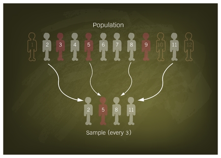 Business and Marketing or Social Research Process, Illustration of The Process of Selecting Sample of Elements From Target Population to Conduct A Survey on Green Chalkboard.のイラスト素材