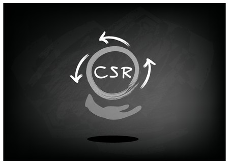 Business Concepts, Recycle Icon with CSR Abbreviation or Corporate Social Responsibility on Black Chalkboard.のイラスト素材