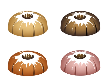 Illustration Set of Bundt Cake or Traditional Big Round Cake with Hole Inside and Mirror Glaze Coating for Holiday Dessert Isolated on White Background.のイラスト素材