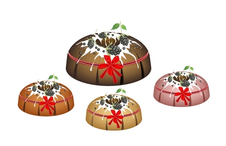 Illustration Set of Bundt Cake or Traditional Big Round Cake with Hole Inside, Mirror Glaze Coating and Cherries for Holiday Dessert Isolated on White Background.のイラスト素材