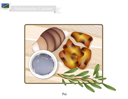 Solomonian Cuisine, Poi or Traditional Taro Porridge Made with Fermented Taro Roots Served with Roast Meat. One of The Most Popular Dish of Solomon Islands.のイラスト素材