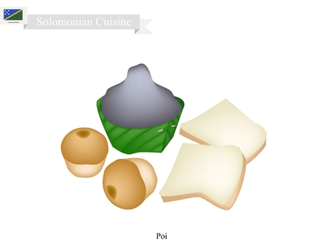 Solomonian Cuisine, Poi or Traditional Taro Porridge Made with Fermented Taro Roots Served with Bread. One of The Most Popular Dish of Solomon Islands.のイラスト素材