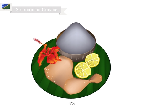 Solomonian Cuisine, Poi or Traditional Taro Porridge Made with Fermented Taro Roots Served with Roast Chicken. One of The Most Popular Dish of Solomon Islands.のイラスト素材