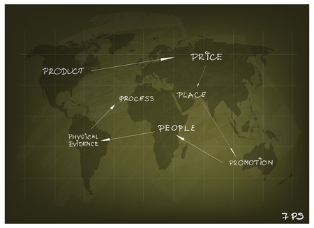 Business Concepts, Illustration of Marketing Mix or 4Ps Model for Management Strategy on World Map. A Foundation Concept in Marketing.のイラスト素材