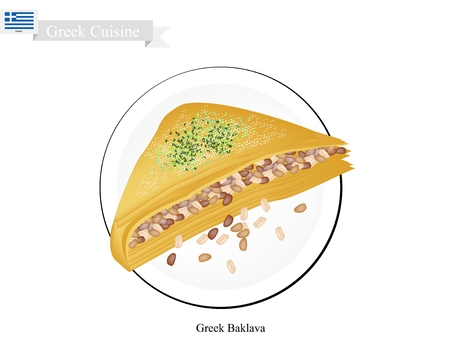 Greek Cuisine, Baklava or Traditional Phyllo Dough Topping with Pistachio and Syrup. One of The Most Popular Dessert in Greece.のイラスト素材