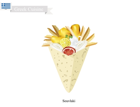 Greek Cuisine, Souvlaki or Traditional Grilled Kebabs Meat Served with Pita Bread and French Fries. The National Dish of Greece.のイラスト素材