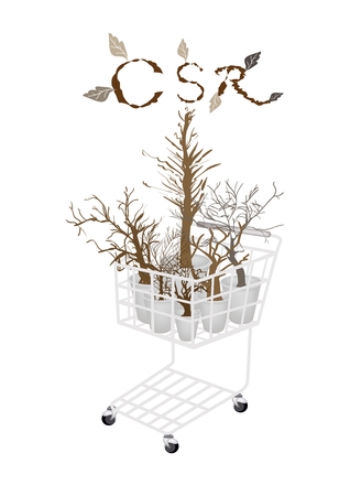 Business Strategy, Shopping Cart Full with Brown Dry Trees and Plants in CSR Abbreviation or Corporate Social Responsibility Concept.のイラスト素材