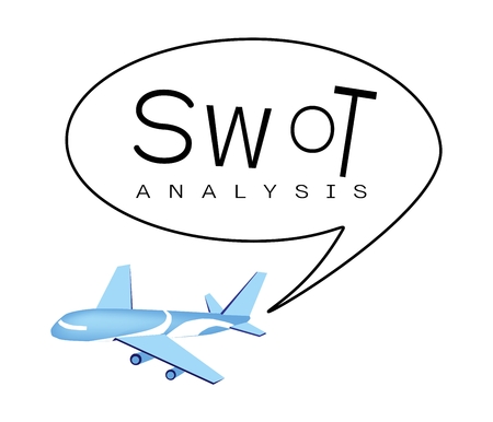 Business Plan, Airplane with SWOT Analysis Matrix A Structured Planning Method for Evaluate Strengths, Weaknesses, Opportunities and Threats. A Foundation Strategy Management Plan.のイラスト素材