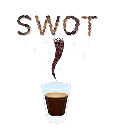 Roasted Coffee Beans Forming in "SWOT" Falling Down to A Cup, SWOT Analysis Matrix A Structured Planning Method for Evaluate Strengths, Weaknesses, Opportunities and Threats.のイラスト素材