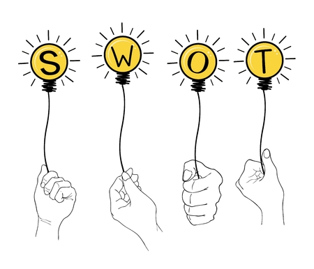 Hand Drawn Light Bulb with SWOT Analysis Matrix A Structured Planning Method for Evaluate Strengths, Weaknesses, Opportunities and Threats Involved in Business Project.のイラスト素材