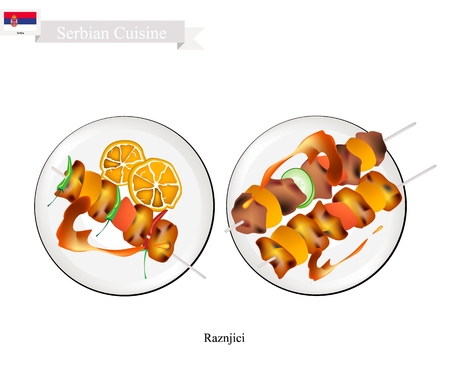 Serbian Cuisine, Raznjici or Traditional Grilled Beef, Pork, Lamb, Chicken or Meat Barbecue on Skewers. One of The Most Popular Dish of Serbiaのイラスト素材