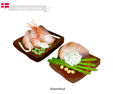 Danish Cuisine, Illustration of Smorrebrod or Traditional Buttered Rye Bread or Dark Rye Bread Topped with Roast Beef, Tartar Sauce, Snow Peas and Asparagus. The National Dish of Denmark.のイラスト素材