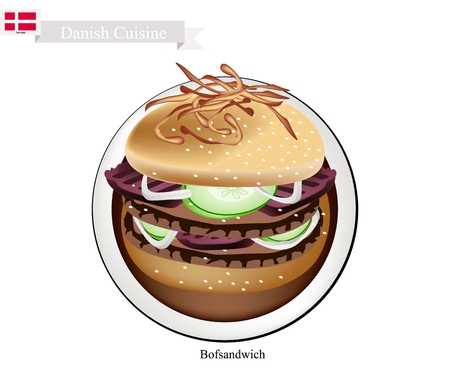 Danish Cuisine, Illustration of Bofsandwich or Traditional Hamburger Made of Ground Beef Patty Placed Inside A Sliced Bread Roll. The National Dish of Denmark.のイラスト素材