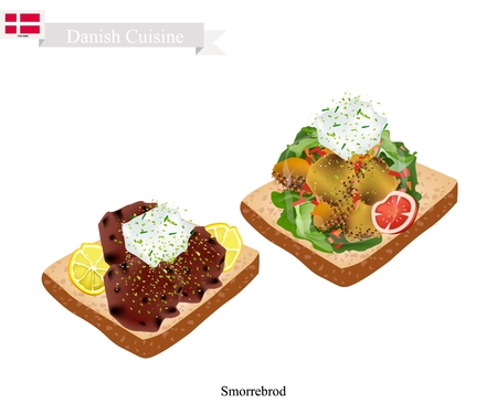 Danish Cuisine, Illustration of Smorrebrod or Traditional Buttered Rye Bread or Dark Rye Bread Topped with Roast Pork and Tartar Sauce. The National Dish of Denmark.のイラスト素材