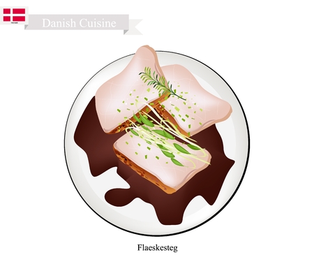 Danish Cuisine, Illustration of Flaeskesteg or Traditional Roasted Pork with A Crisp Crackling Rind with Garden Cress Sprouts and Gravy Served on Christmas Eve. The National Dish of Denmark.のイラスト素材