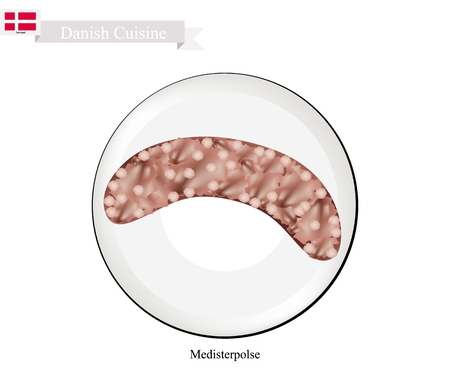 Danish Cuisine, Medisterpolse or Traditional Sausage Made of Minced Pork Seasoned with Clove, Allspice, Onion, Salt and Pepper Stuffed into Intestines. One of The Most Famous Dish in Denmark.のイラスト素材