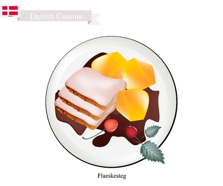 Danish Cuisine, Illustration of Flaeskesteg or Traditional Roasted Pork with A Crisp Crackling Rind with Boiled Potatoes and Gravy Served on Christmas Eve. The National Dish of Denmark.のイラスト素材