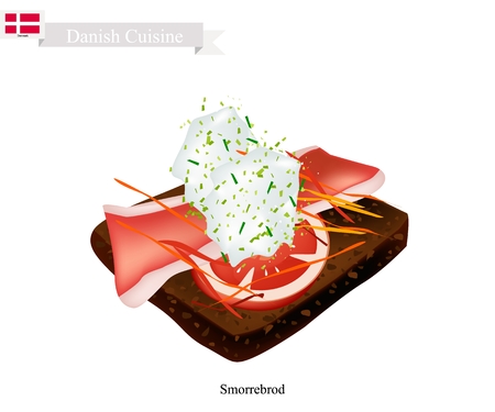 Danish Cuisine, Illustration of Smorrebrod or Traditional Buttered Rye Bread or Dark Rye Bread Topped with Roast Pork, Tartar Sauce and Slice Tomato. The National Dish of Denmark.のイラスト素材