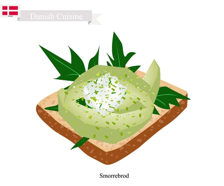 Danish Cuisine, Illustration of Smorrebrod or Traditional Buttered Rye Bread or Dark Rye Bread Topped with Sliced Avocado. The National Dish of Denmark.のイラスト素材