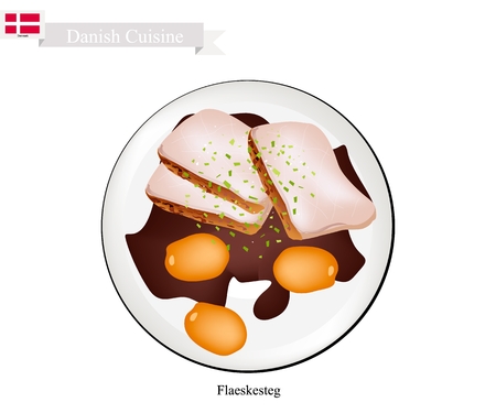 Danish Cuisine, Illustration of Flaeskesteg or Traditional Roasted Pork with A Crisp Crackling Rind with Boiled Potatoes and Gravy Served on Christmas Eve. The National Dish of Denmark.のイラスト素材