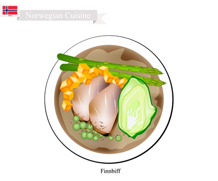 Norwegian Cuisine, Illustration of Finnbiff or Traditional Sauteed Reindeer Venison Steak Served with Boiled Potatoes and Vegetables. One of The Most Famous Dish of Norway.のイラスト素材