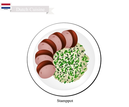 Dutch Cuisine, Illustration of Traditional Stamppot or Mashed Potatoes and Kale Served with Rookworst or Smoked Sausage.のイラスト素材