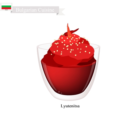 Bulgarian Cuisine, Illustration of Lyutenitsa or Traditional Spread Sauce Made of Peppers, Carrots, Eggplant, Onion, Garlic, Oil, Sugar, Salt and Tomatoes. One of The Most Famous Dish in Bulgaria.のイラスト素材