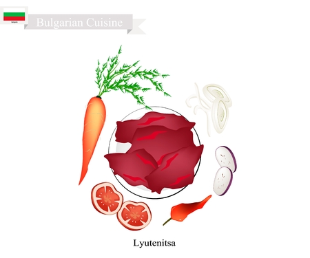 Bulgarian Cuisine, Illustration of Lyutenitsa or Traditional Spread Sauce Made of Peppers, Carrots, Eggplant, Onion, Garlic, Oil, Sugar, Salt and Tomatoes. One of The Most Famous Dish in Bulgaria.のイラスト素材