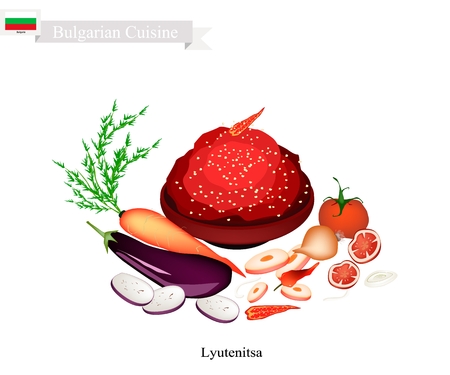 Bulgarian Cuisine, Illustration of Lyutenitsa or Traditional Spread Sauce Made of Peppers, Carrots, Eggplant, Onion, Garlic, Oil, Sugar, Salt and Tomatoes. One of The Most Famous Dish in Bulgaria.のイラスト素材