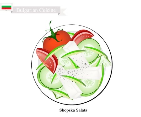Bulgarian Cuisine, Illustration of Shopsky Salad or Shopska Salata Made of Tomatoes, Cucumbers and Feta Cheese. One of The Most Famous Dish in Bulgaria.のイラスト素材