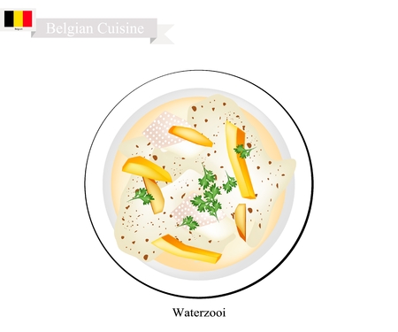 Belgian Cuisine, Waterzooi or Traditional Creamy Soup with Chicken and Vegetables. One of The Most Famous Dish in Belgium.のイラスト素材