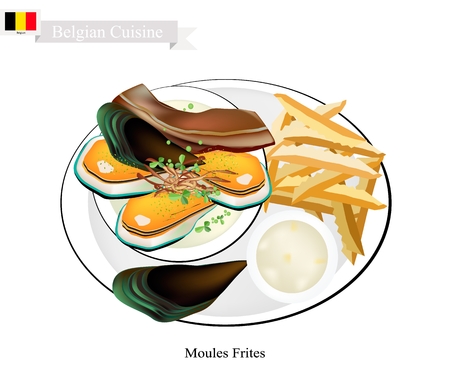 Belgian Cuisine, Illustration of Moules Frites or Traditional Steamed Mussels and French Fries.のイラスト素材