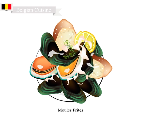 Belgian Cuisine, Illustration of Moules Frites or Traditional Steamed Musselsのイラスト素材