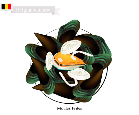 Belgian Cuisine, Illustration of Moules Frites or Traditional Steamed Musselsのイラスト素材
