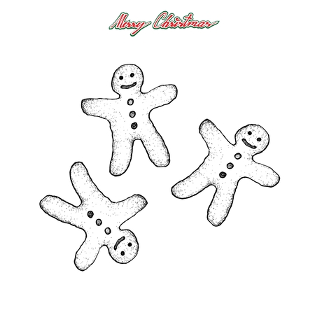 Illustration Hand Drawn Sketch of Christmas Gingerbread Man Cookies Decorated with White Icing for Christmas Celebration Isolated On White Background.のイラスト素材