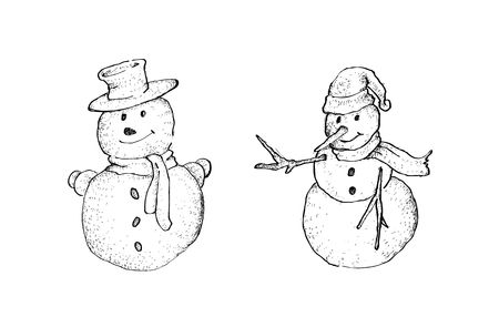 Linear Illustration Hand Drawn Sketch Collection of Two Cute Classic Snowman, An Anthropomorphic Snow Sculpture Often Built by Children in Christmas Season.のイラスト素材