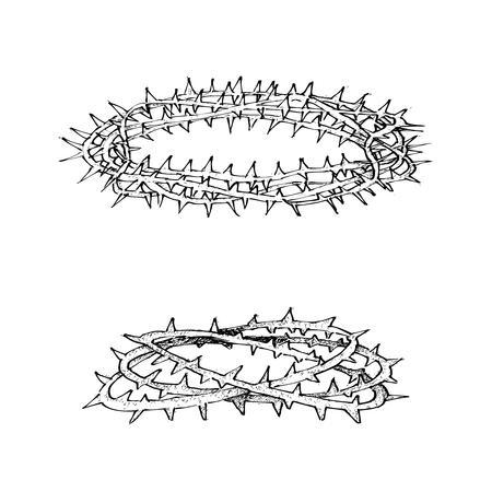 Illustration Hand Drawn Sketch Collection of Two Crown of Thorns from The Holy Land Isolated on White Background.のイラスト素材