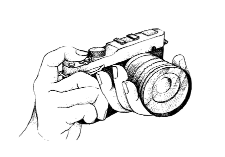 Illustration of Hand Drawn Sketch of Photographer To Take A Picture By Professional Modern Digital Camera Isolated on A White Background.のイラスト素材
