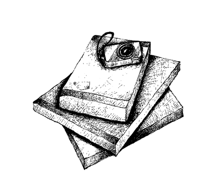 Illustration of Hand Drawn Sketch Pile of Books with Digital Camera Isolated on White Background.のイラスト素材