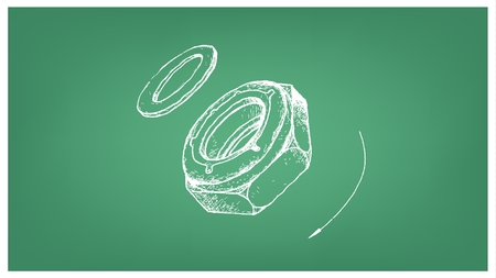 Manufacturing and Industry, Illustration Hand Drawn Sketch of Nylon Insert Lock Nut or Nyloc Nut and Screw. A Type of Fastener with Threaded Hole Used in Conjunction with A Mating Bolt to Fasten Parts Together.のイラスト素材
