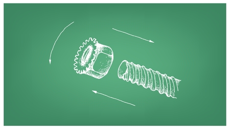 Manufacturing and Industry, Illustration Hand Drawn Sketch of K Lock Nut or Kep Nut and Screw. Fastener with Threaded Hole Used in Conjunction with A Mating Bolt to Fasten Parts Together.のイラスト素材