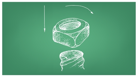 Manufacturing and Industry, Illustration Hand Drawn Sketch of Square Nut and Screw. A Type of Fastener with Threaded Hole Used in Conjunction with A Mating Bolt to Fasten Parts Together.のイラスト素材