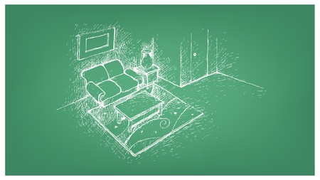Home Interior, Illustration Hand Drawn Sketch of Living Room Interior with Sofa, Small Coffee Table and Vase.のイラスト素材