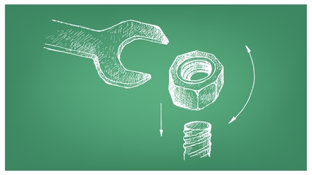 Manufacturing and Industry, Illustration Hand Drawn Sketch of Hex Nut and Screw. A Type of Fastener with Threaded Hole Used in Conjunction with A Mating Bolt to Fasten Parts Together.のイラスト素材