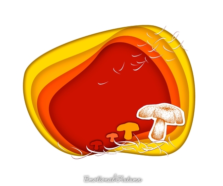 Emotional Autumn Background, Illustration Hand Drawn of Beautiful Mushrooms in Trendy Origami Deep Paper Art Carving Style. Design for Autumn and Fall Season.のイラスト素材
