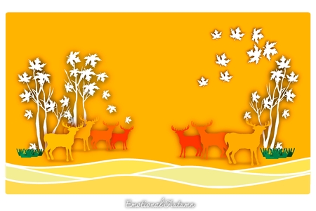 Emotional Autumn Background, Illustration Hand Drawn of Beautiful Maple Leaves in Trendy Origami Deep Paper Art Carving Style. Design for Autumn and Fall Season.のイラスト素材