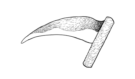 Illustration Hand Drawn Sketch of Sickle, Bagging Hook or Reaping Hook. An Agricultural Tool Used for Harvesting or Reaping, Grain Crops or Cutting Forage or Hay for Feeding Livestock.のイラスト素材